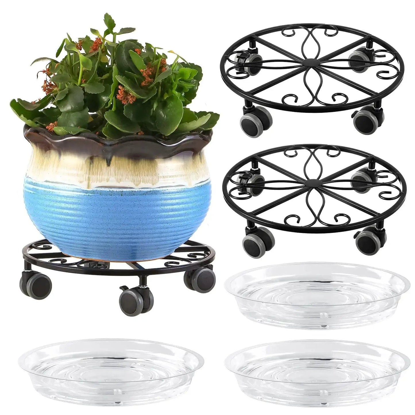Three Pack Heavy Duty Plant Caddies With Wheels 11.8 Inch Metal Plant Dollies rolling stands shown with ceramic pot and saucers