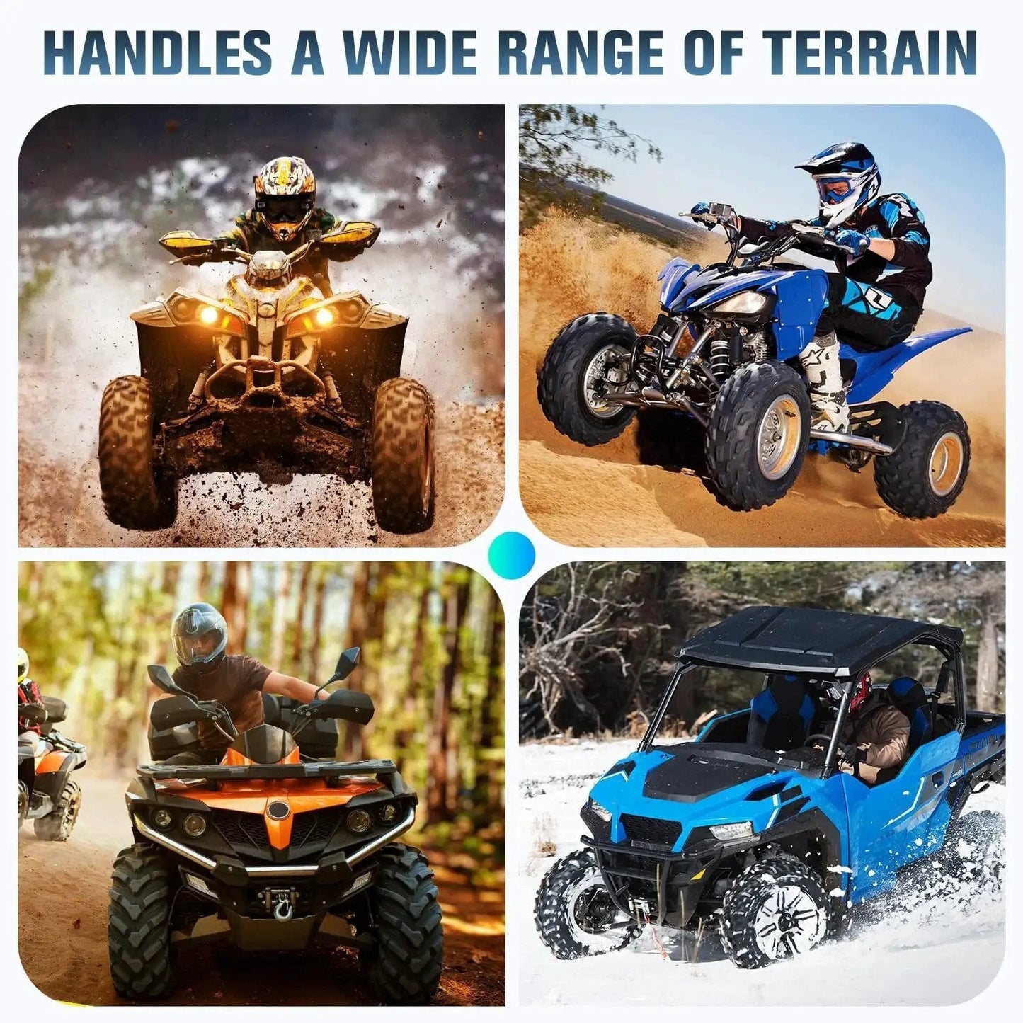 Four ATVs demonstrating off-road capabilities in various terrains, showcasing the versatility of the Wheel Bearing Set Front And Rear For Can Am Maverick 1000R Sport 1000 Trail 800R Outlander 400 500 570 650 800 850 MAX 1000 Renegade Commander Defender HD Series And Kawasaki Mule 293350040 705400088 Two Piece Bearings.
