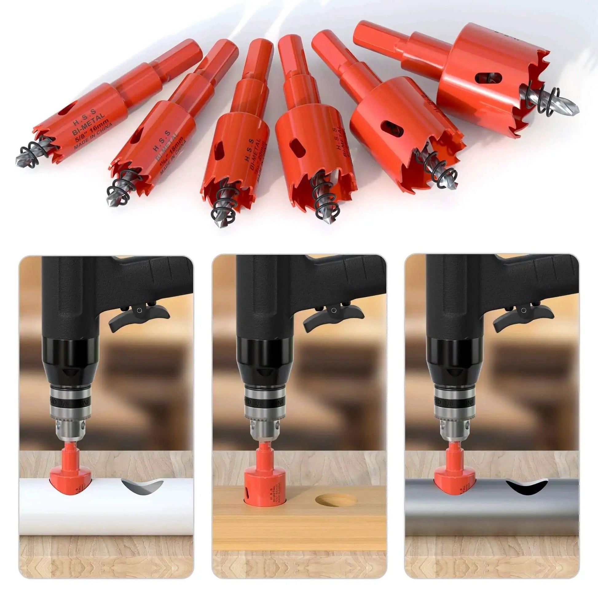 Bi-Metal Hole Saw Kit 6-Piece Set for Wood Plastic Drywall Soft Metal Sizes 5/8 to 1-3/8 Inches 3/8 Inch Shank cutting holes