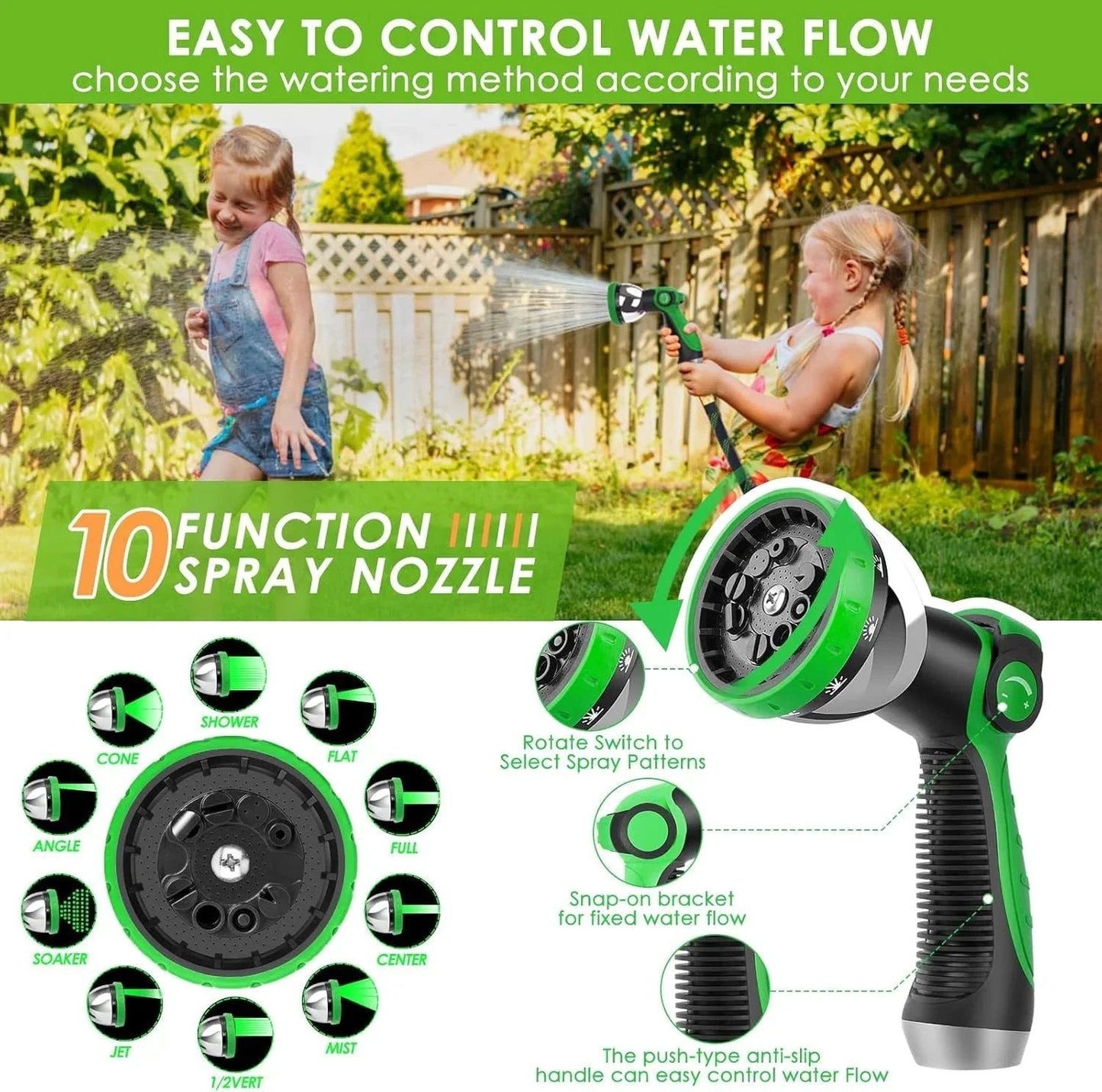 Ultra Lightweight 150 Feet Garden Hose Non Expandable With 10 Pattern Nozzle Full Length Leak Proof Design High Density Fabric