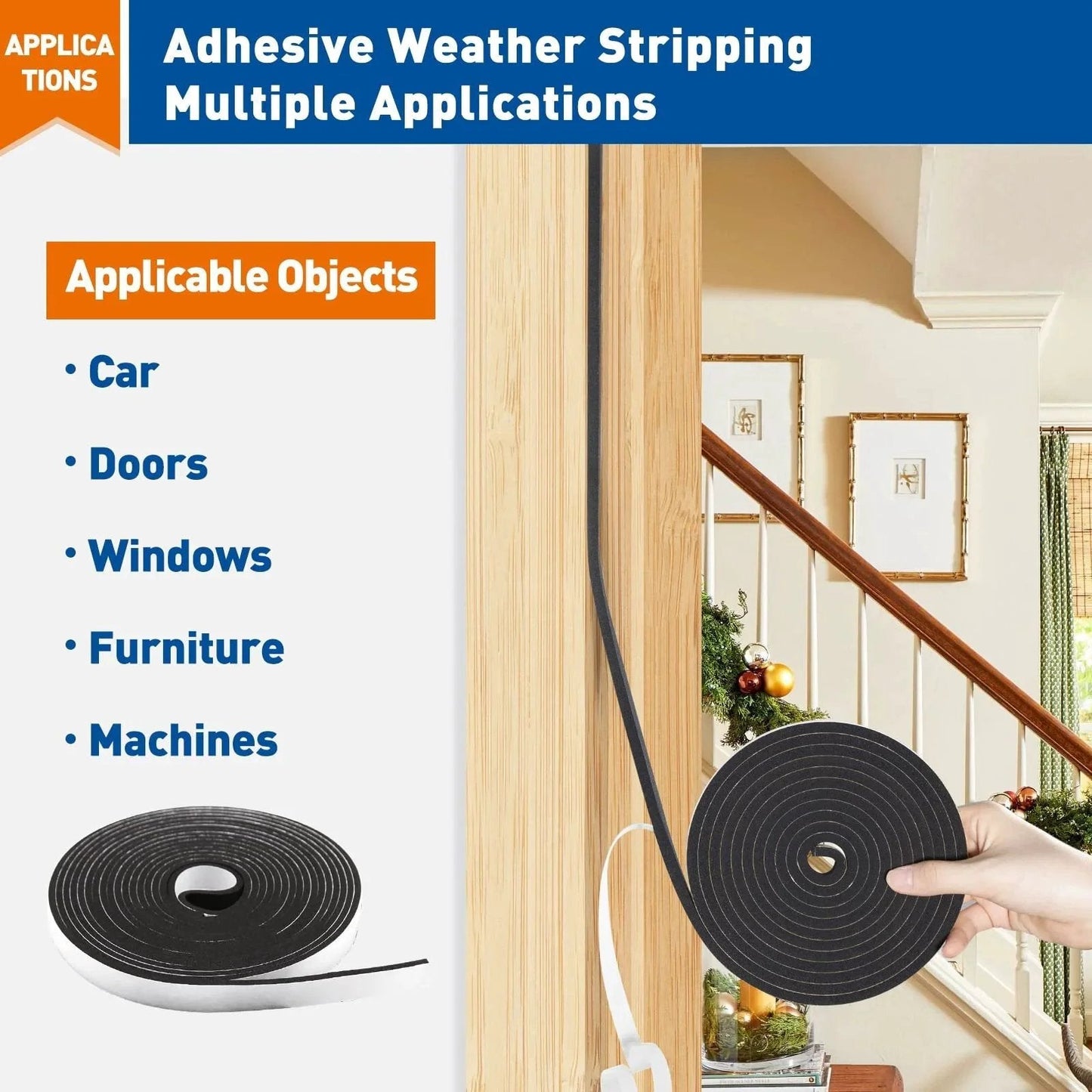 Weather Stripping Door Seal Foam Tape One Half Inch Wide One Eighth Inch Thick Heavy Duty Adhesive Weatherproof Seal shown in use