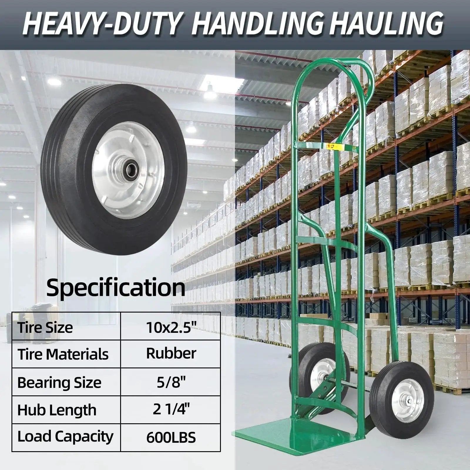 Heavy-duty hand truck featuring 10 Inch By 2.5 Inch Flat Free Solid Rubber Tire With 5/8 Inch Axle Bore Hole And 2 1/4 Inch Hub Replacement Wheel Set