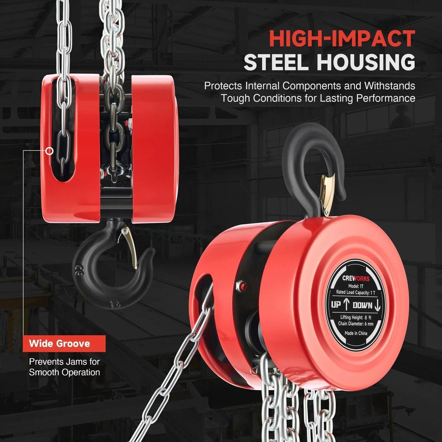 Heavy Duty Manual Lever Hoist With One Ton Capacity And Eight Foot Lift, featuring high-impact steel housing and G80 load chain
