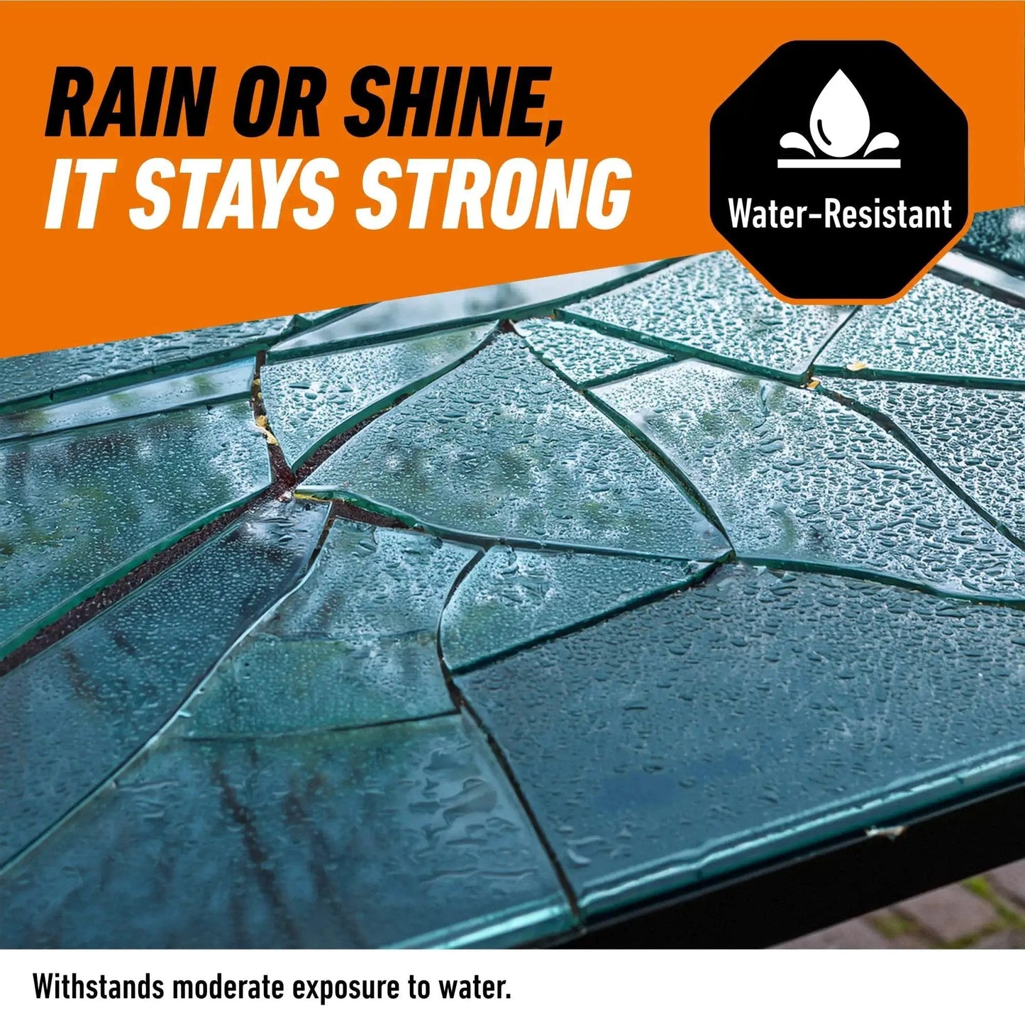 Broken glass table repaired with Clear 2 Part Epoxy Syringe, 0.85 Oz, 5 Minute Fast Set, Strong Bond, showing water resistance.