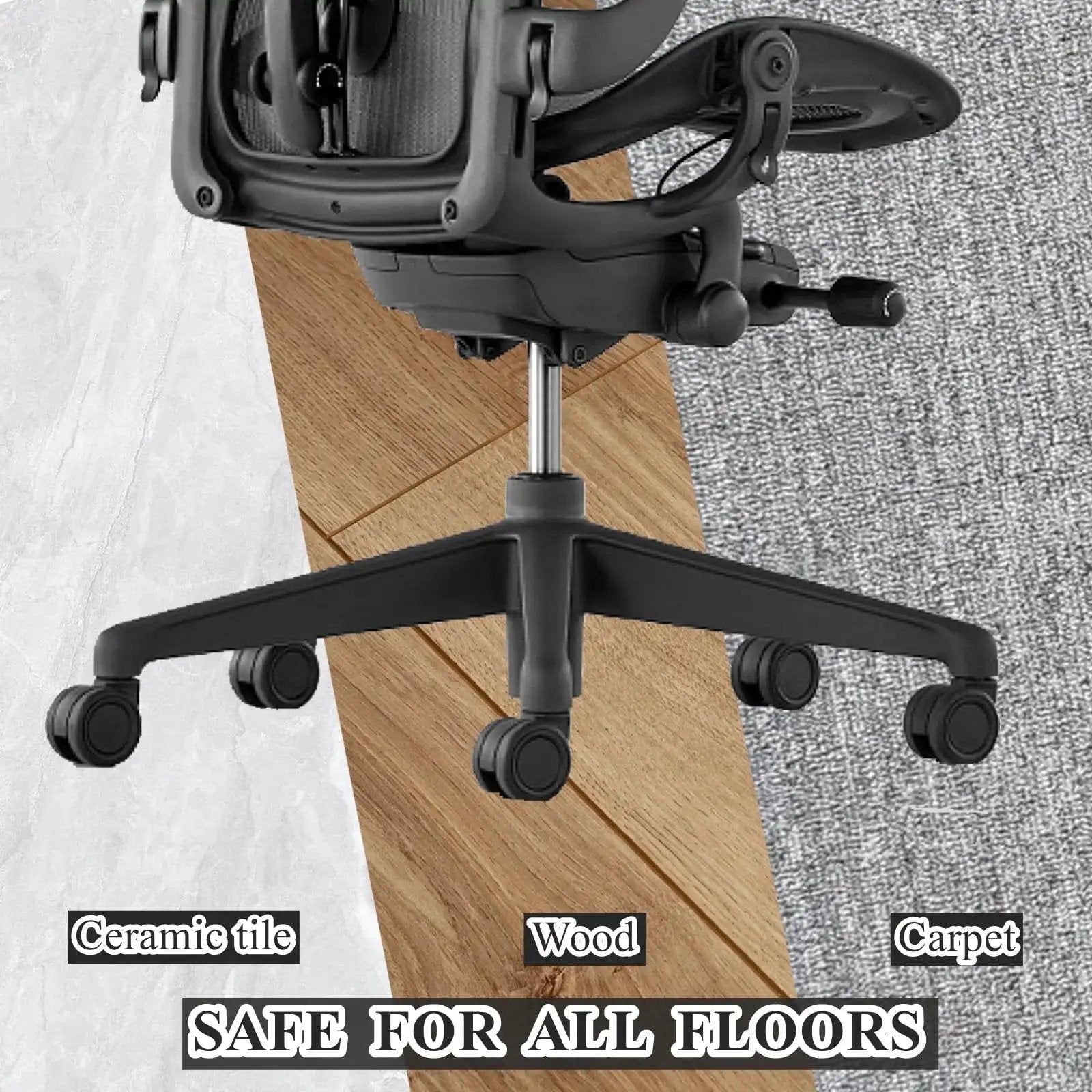 Black office chair with Office Chair Wheels With Brakes 2.36 Inch Diameter Locking Caster Replacement Set Of Five for various floors.