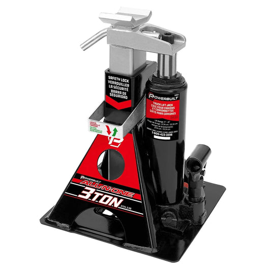 3 Ton All In One Hydraulic Bottle Jack And Jackstand With Ratcheting Safety Bar in black and red, front view