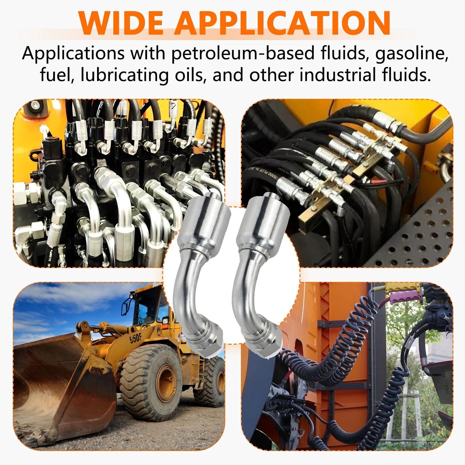 14 Piece Hydraulic Fittings Kit 3/4 Inch Hose To 3/4 Inch JIC 37 Degree Female 90 Degree Swivel Elbow shown in agricultural and construction machinery applications.