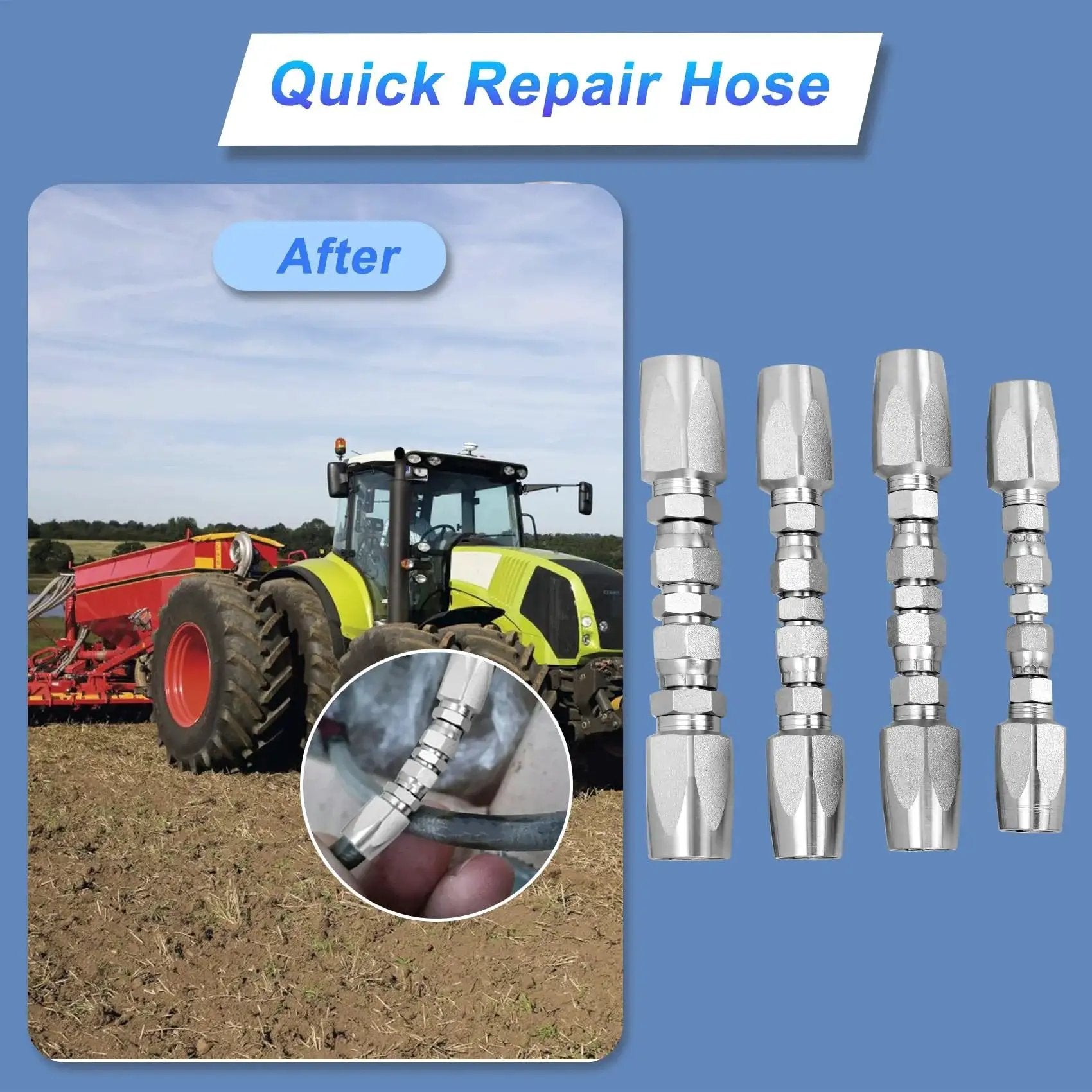 All In One Reusable Hydraulic Hose Repair Kit Set with four pieces for field repairs on SAE hydraulic hoses, shown with tractor.