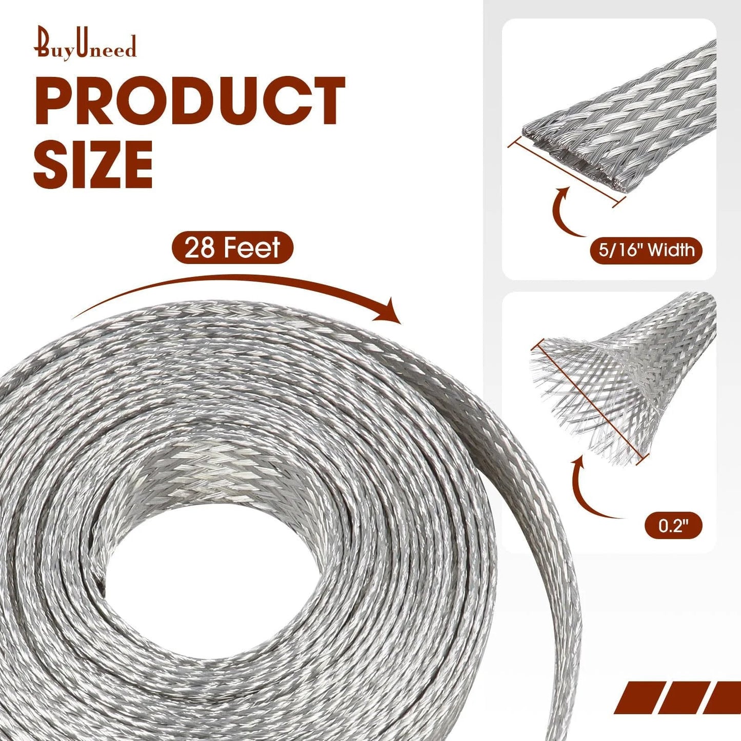 Tinned Copper Braided Ground Strap Shielding Sleeve For Quick Bonding And EMI Interference Shielding, 28 Feet Long, 5/16 Inch Wide