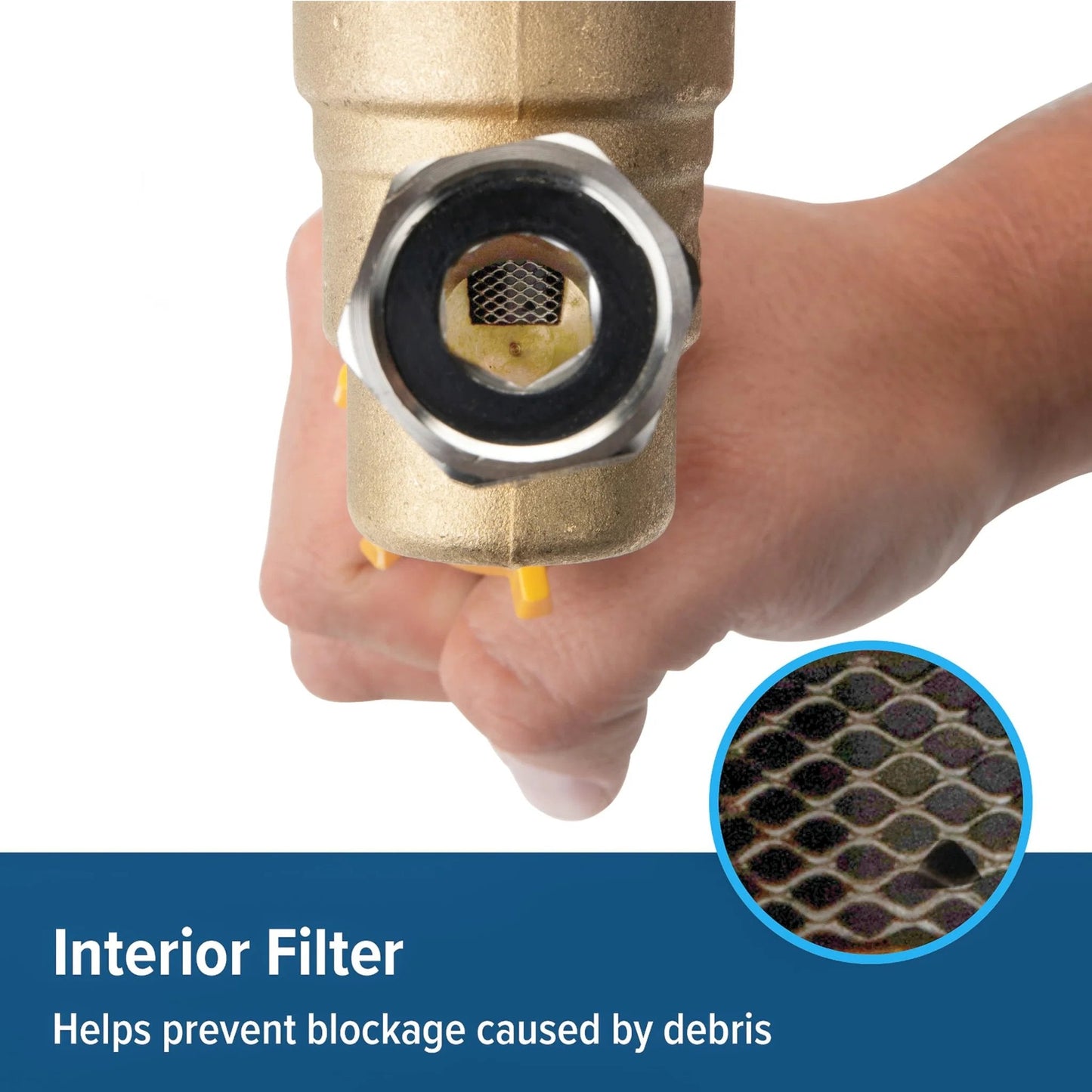 Close-up of Adjustable Brass Water Pressure Regulator for RV and Marine Use With Standard Garden Hose Threads for Easy Hookup Helps Prevent Damage to Appliances Plumbing Fixtures and Hoses Camco 40058 showing interior filter.