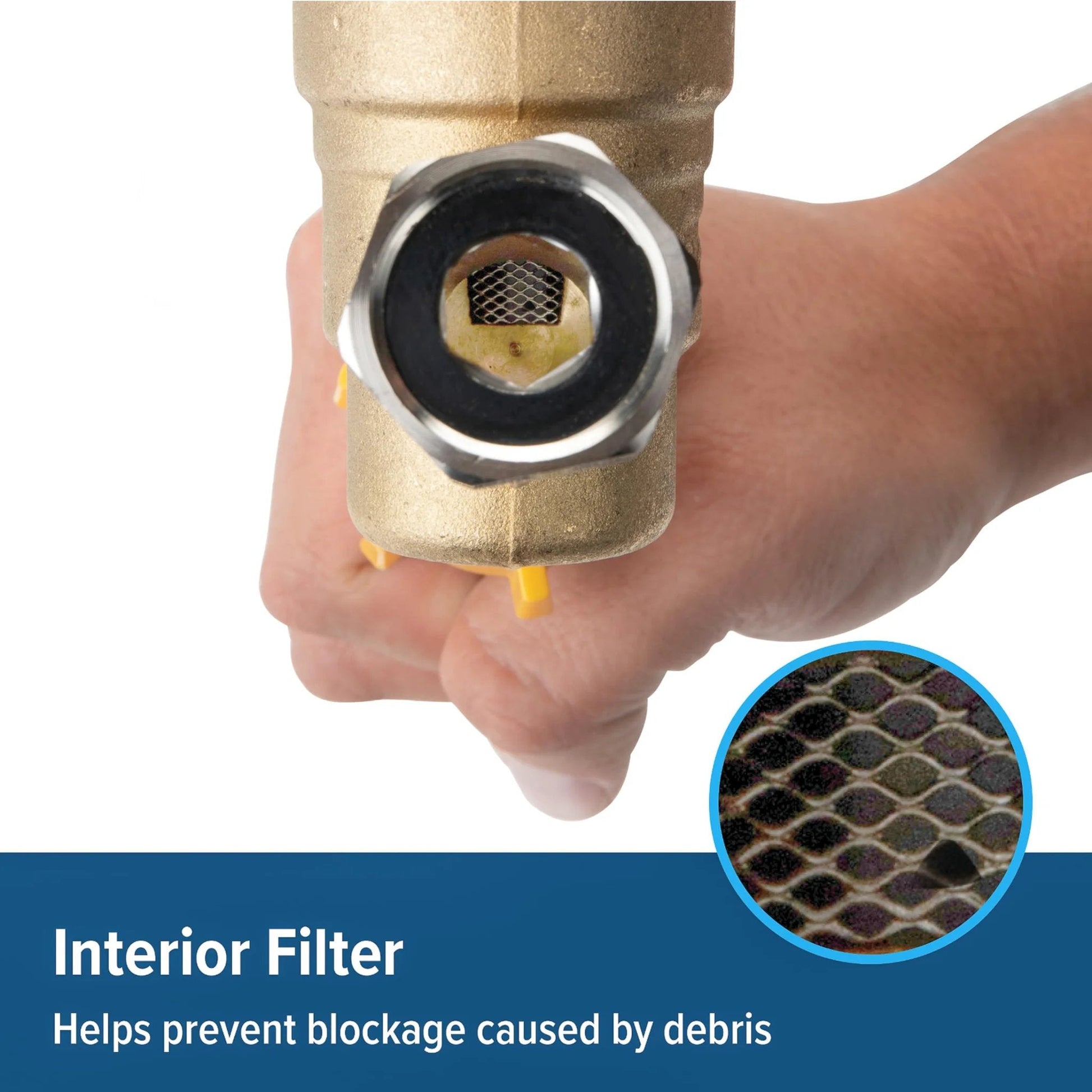 Close-up of Adjustable Brass Water Pressure Regulator for RV and Marine Use With Standard Garden Hose Threads for Easy Hookup Helps Prevent Damage to Appliances Plumbing Fixtures and Hoses Camco 40058 showing interior filter.
