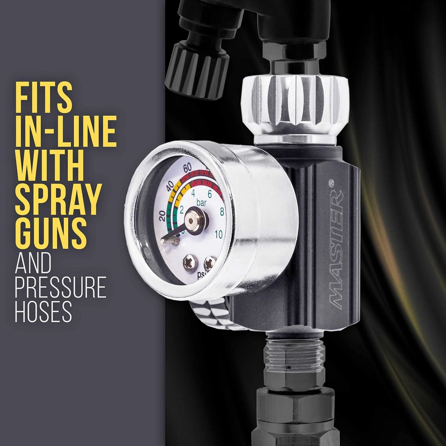 High Flow Air Pressure Regulator With Gauge For Spray Guns 0 To 140 PSI Adjustable Valve close-up, side view