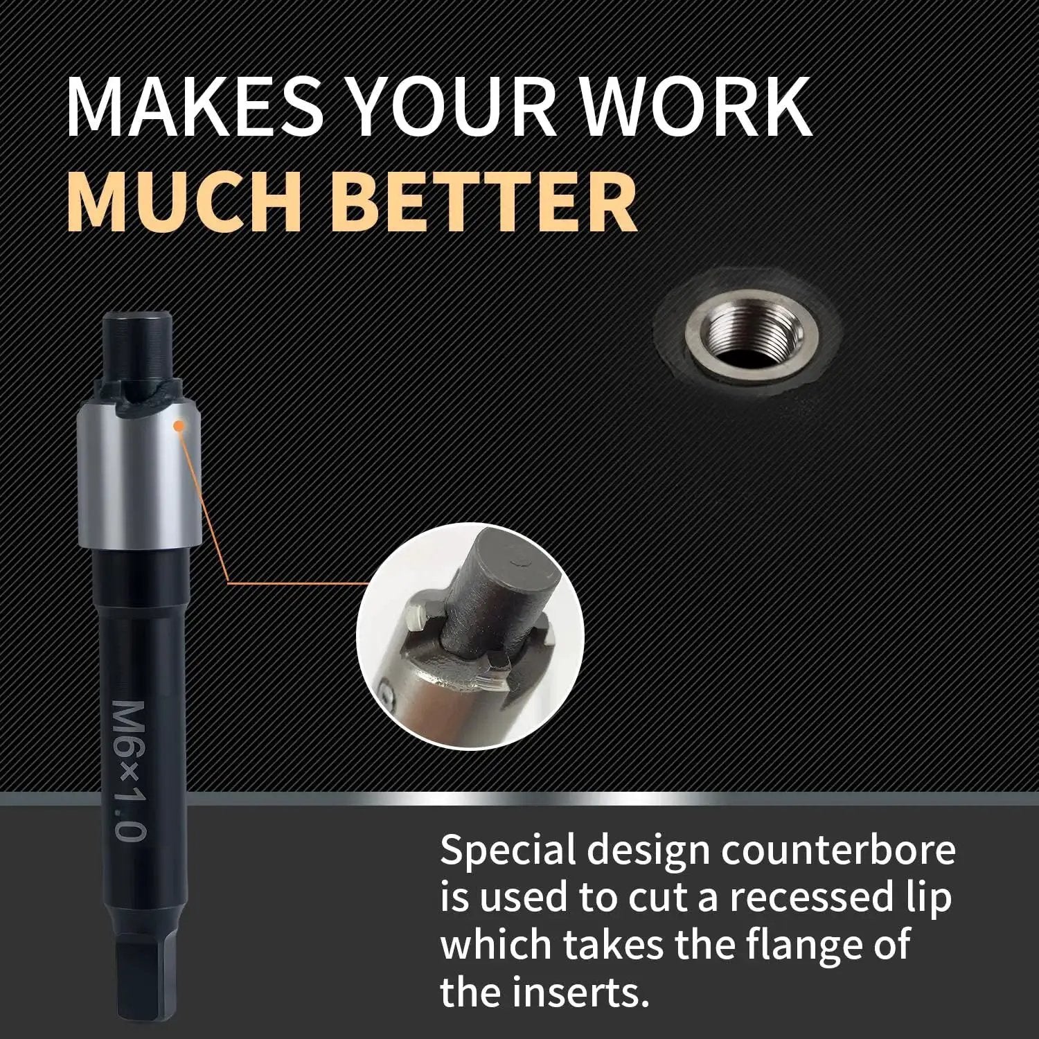 M6x1.0 Thread Repair Kit With 9.4mm Stainless Inserts Drill Tap Driver, close-up of tap tool and insert design
