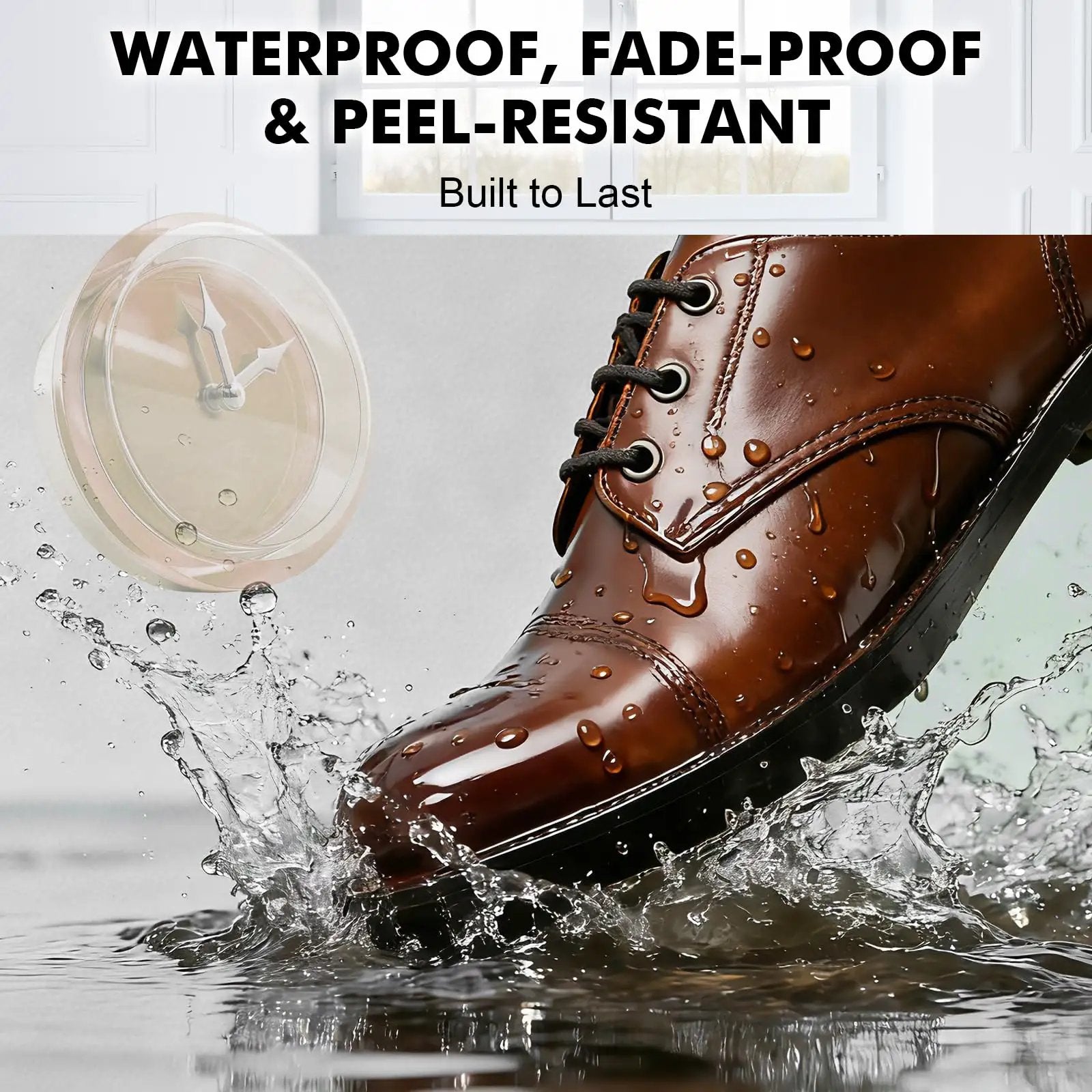 Leather Recoloring Balm For Dark Brown Furniture Repair Kit Leather Dye And Color Restorer For Couches Make Leather Look Brand New Again DIY Couch Paint By STARTSO WORLD on a waterproof shoe splashing through water.