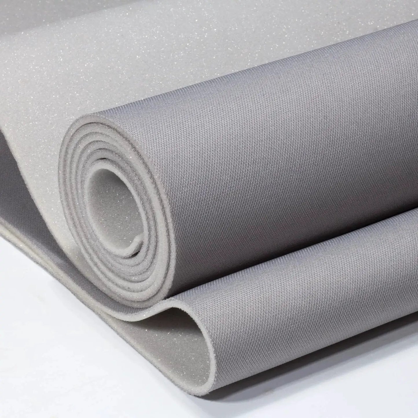 Gray Headliner Fabric 97 Inch By 60 Inch With Foam Backing Tube Packaged, showing rolled gray fabric with foam backing.