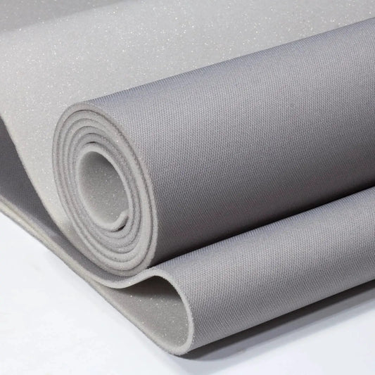 Gray Headliner Fabric 97 Inch By 60 Inch With Foam Backing Tube Packaged, showing rolled gray fabric with foam backing.