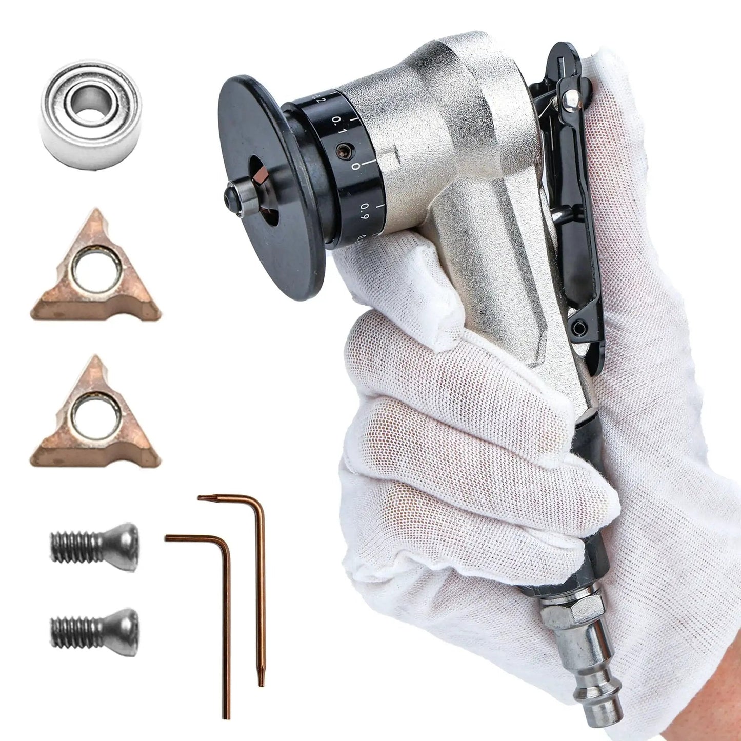 Hand holding Lightweight Pneumatic Chamfer Tool for Metal Deburring, Tiny Yet Mighty Mini Air Beveler, with accessories shown.