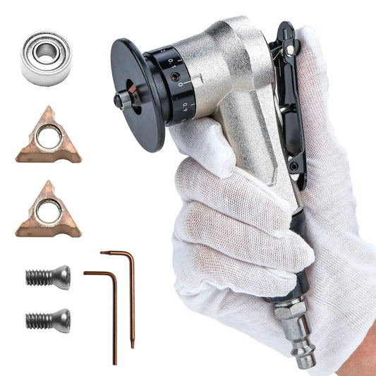 Hand holding Lightweight Pneumatic Chamfer Tool for Metal Deburring, Tiny Yet Mighty Mini Air Beveler, with accessories shown.