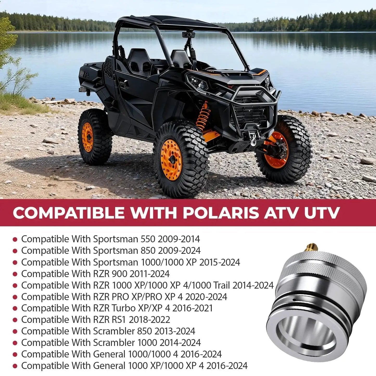 44mm Front And Rear Wheel Bearing Greaser Kit Aluminum UTV Tool Kit For Polaris Models and compatible ATVs displayed by a lake