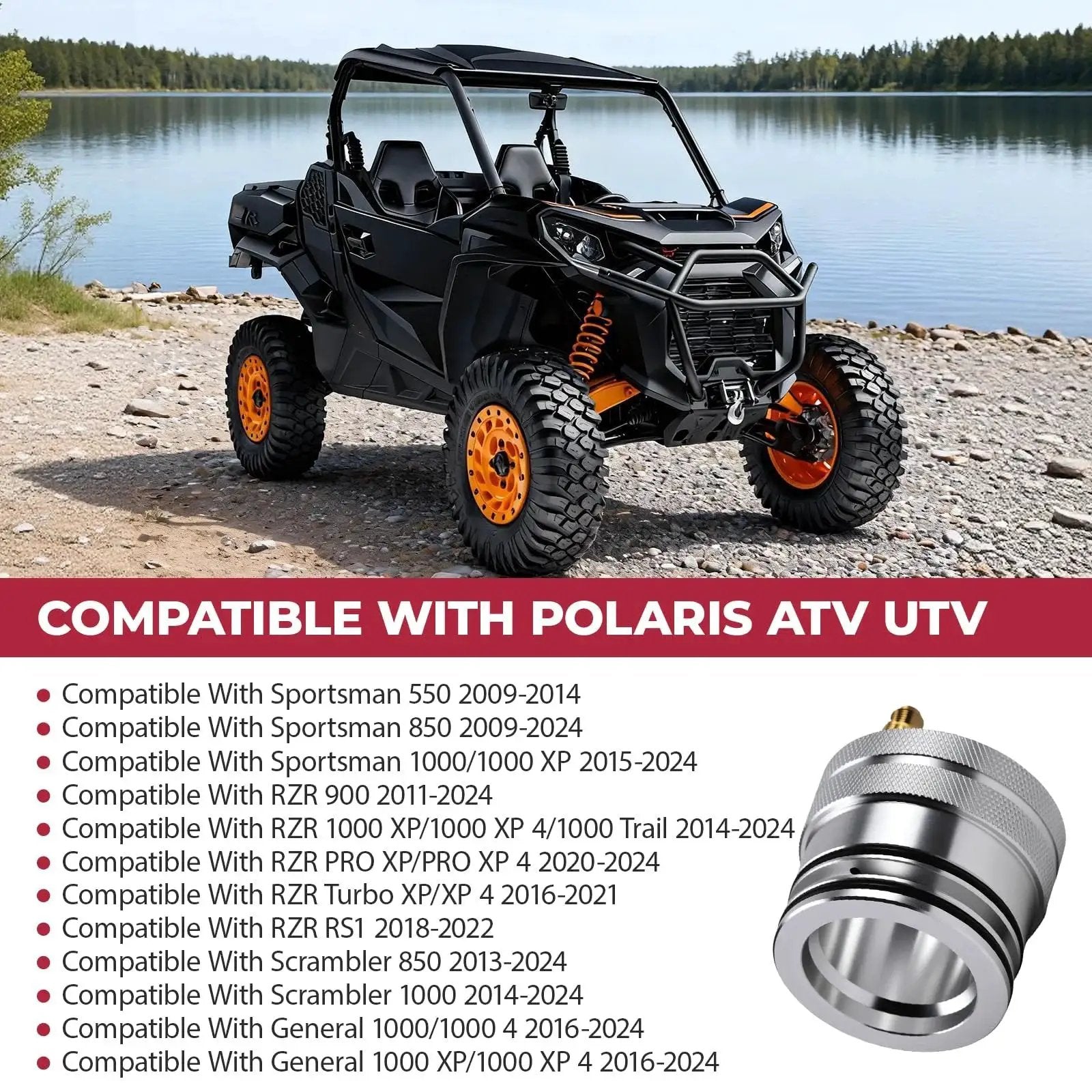 44mm Front And Rear Wheel Bearing Greaser Kit Aluminum UTV Tool Kit For Polaris Models and compatible ATVs displayed by a lake
