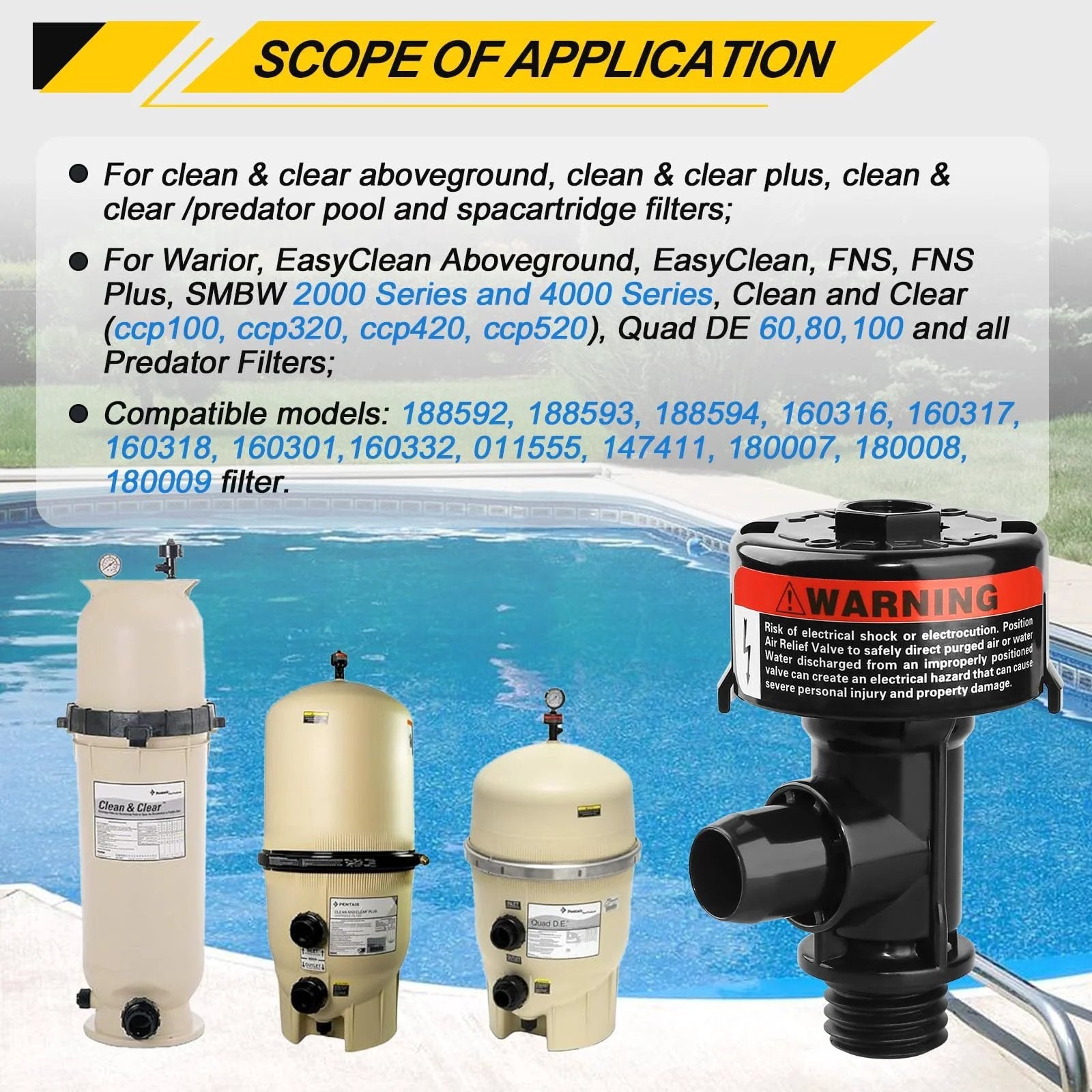 Manual Pool Filter Air Relief Valve with Waterproof Stainless Steel Pressure Gauge High Flow Replacement for Pool And Spa Filters Compatible With Warrior EasyClean Aboveground FNS Plus SMBW 2000 4000 Series DE Spa Filters, shown with compatible filters and pool backdrop.