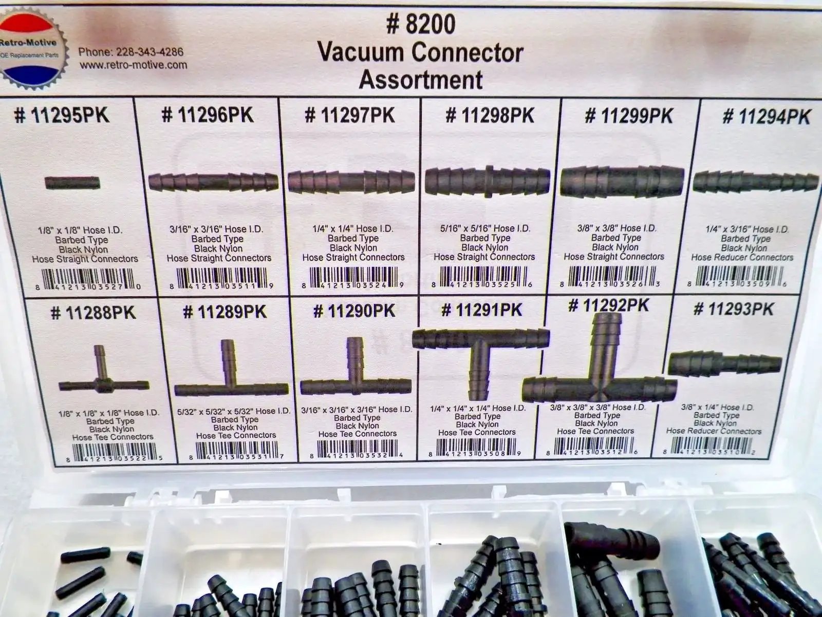 All Purpose Vacuum Connector Kit For Automotive Repairs And Maintenance 8200 Assortment with over 100 universal sized fittings