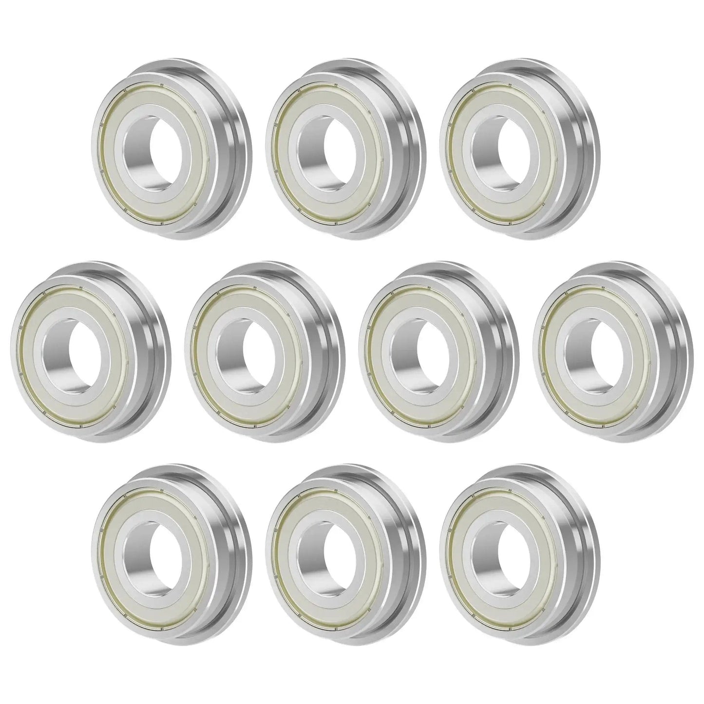 Flanged Ball Bearing 4x12x4 mm Pack of 10 F604ZZ double metal shield chrome steel, shown in rows, for industrial machines and power tools.