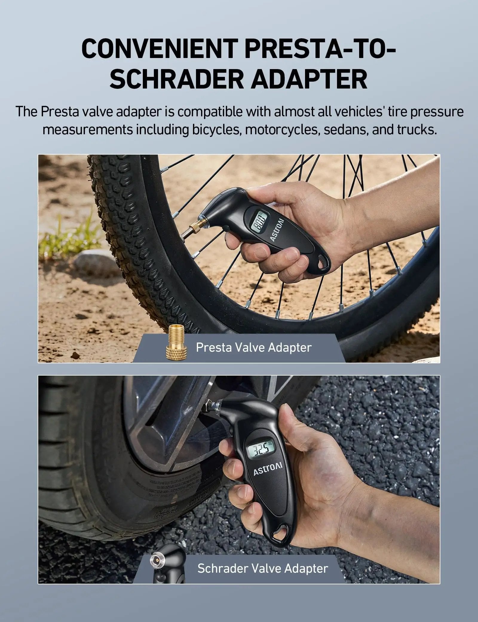 Digital Tire Pressure Gauge 0-150 PSI With Backlit LCD Accurate 0.1 PSI Increments Presta Valve Adaptor 4 Units Of Measurement AAA Battery Powered Car Truck Bicycle Black close-up of Presta-to-Schrader adapter in use