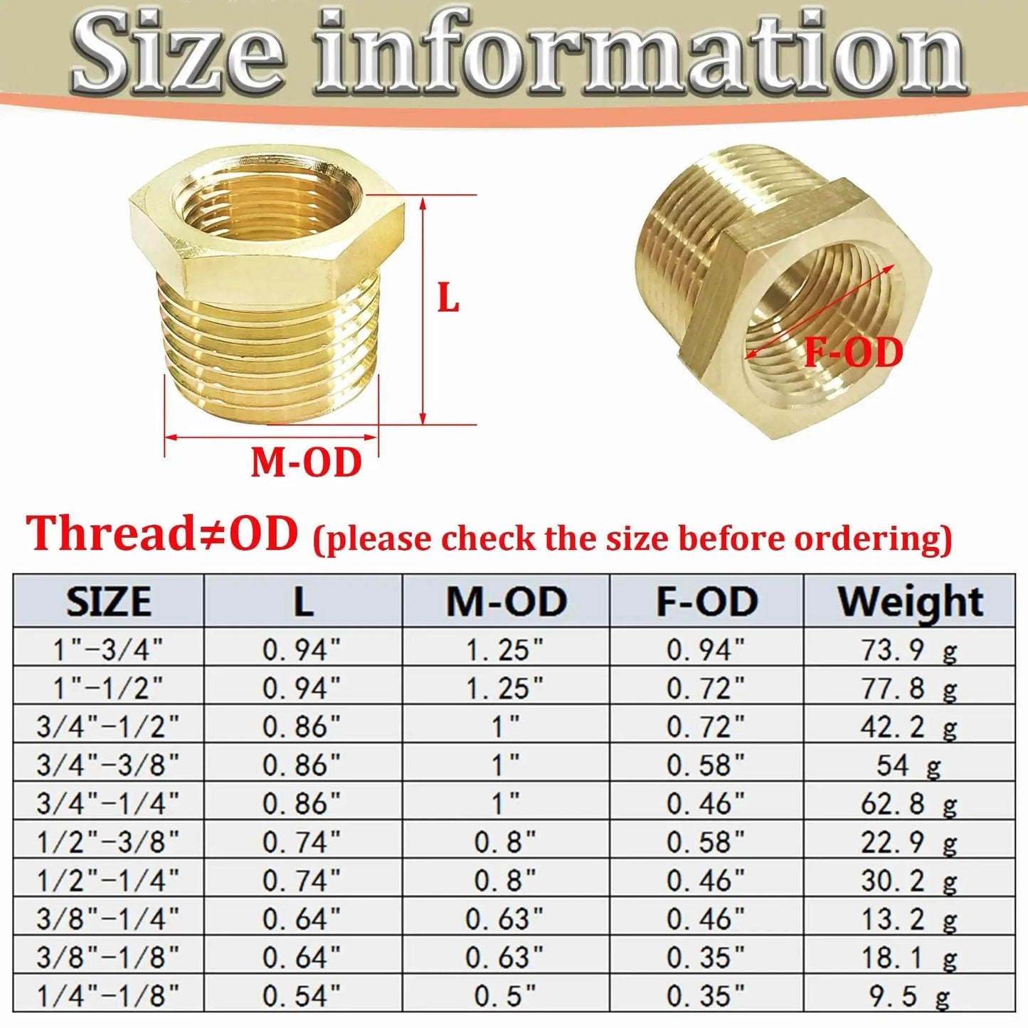 Size chart for Three Eighths Inch MNPT To One Eighth Inch FNPT Brass Reducer Bushing, Heavy Duty Hex Head Pipe Fitting Reducing Adapter