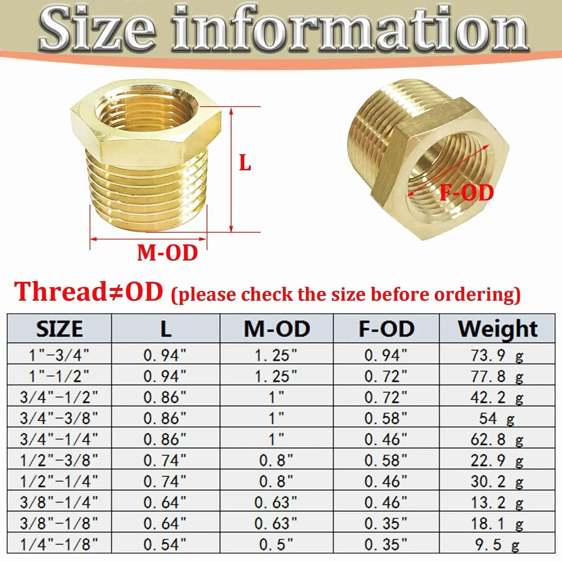 Size chart for Three Eighths Inch MNPT To One Eighth Inch FNPT Brass Reducer Bushing, Heavy Duty Hex Head Pipe Fitting Reducing Adapter
