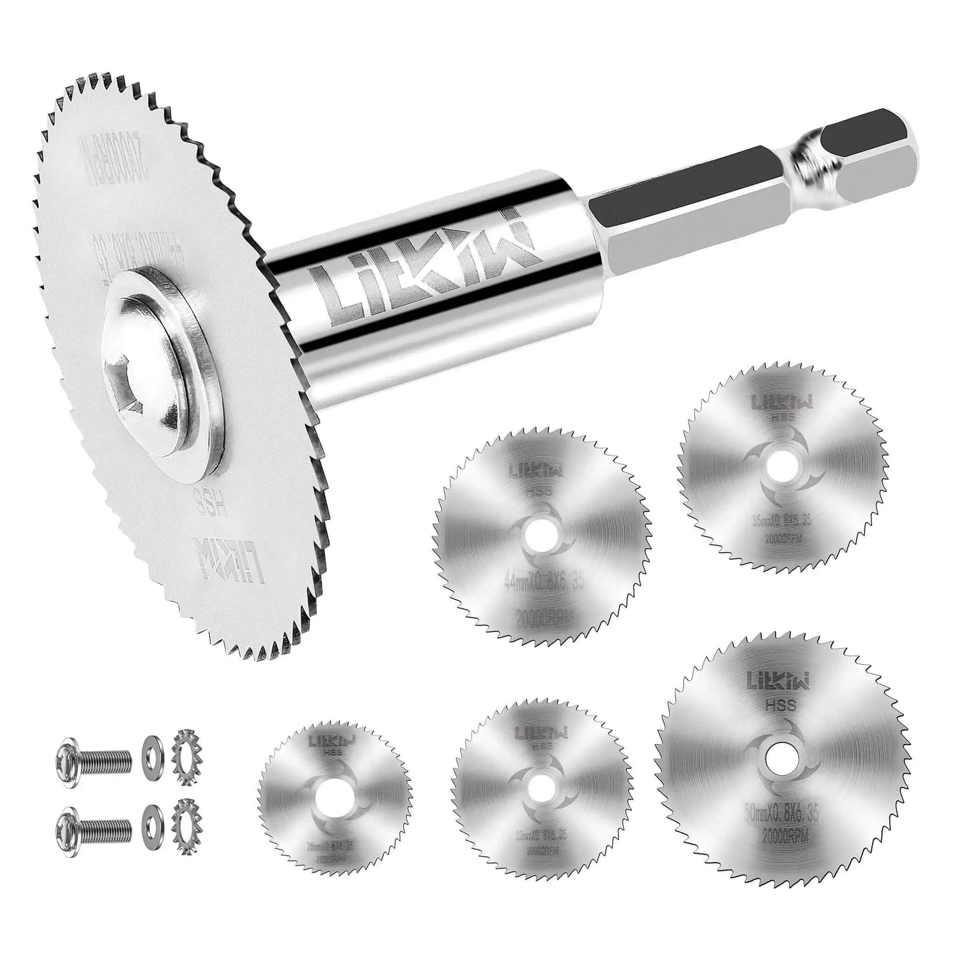 One Quarter Inch Hex Shank Rotary Drill Saw Kit With Five HSS Cutting Blades for DIY Home Improvement, includes 25mm 32mm 35mm 44mm 50mm discs