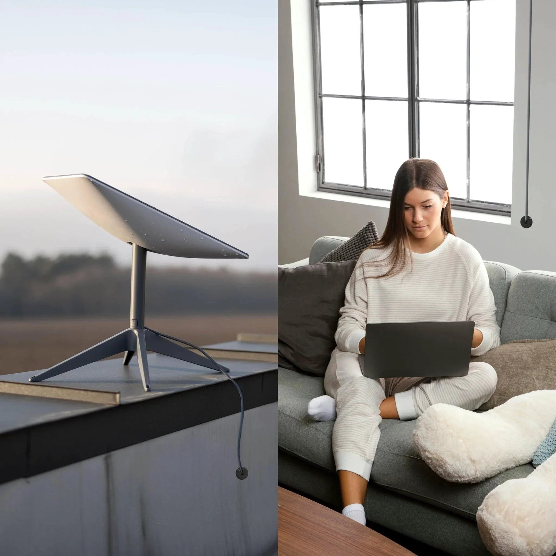Starlink satellite dish on a roof next to a woman using a laptop indoors, illustrating internet connectivity through Two Pack Silicone Wall Bushing For Three Quarters Inch Holes Compatible With Starlink Waterproof Cable Pass Through Grommet Routing Kit Accessories Split Design Wrap Around Installation Durable.
