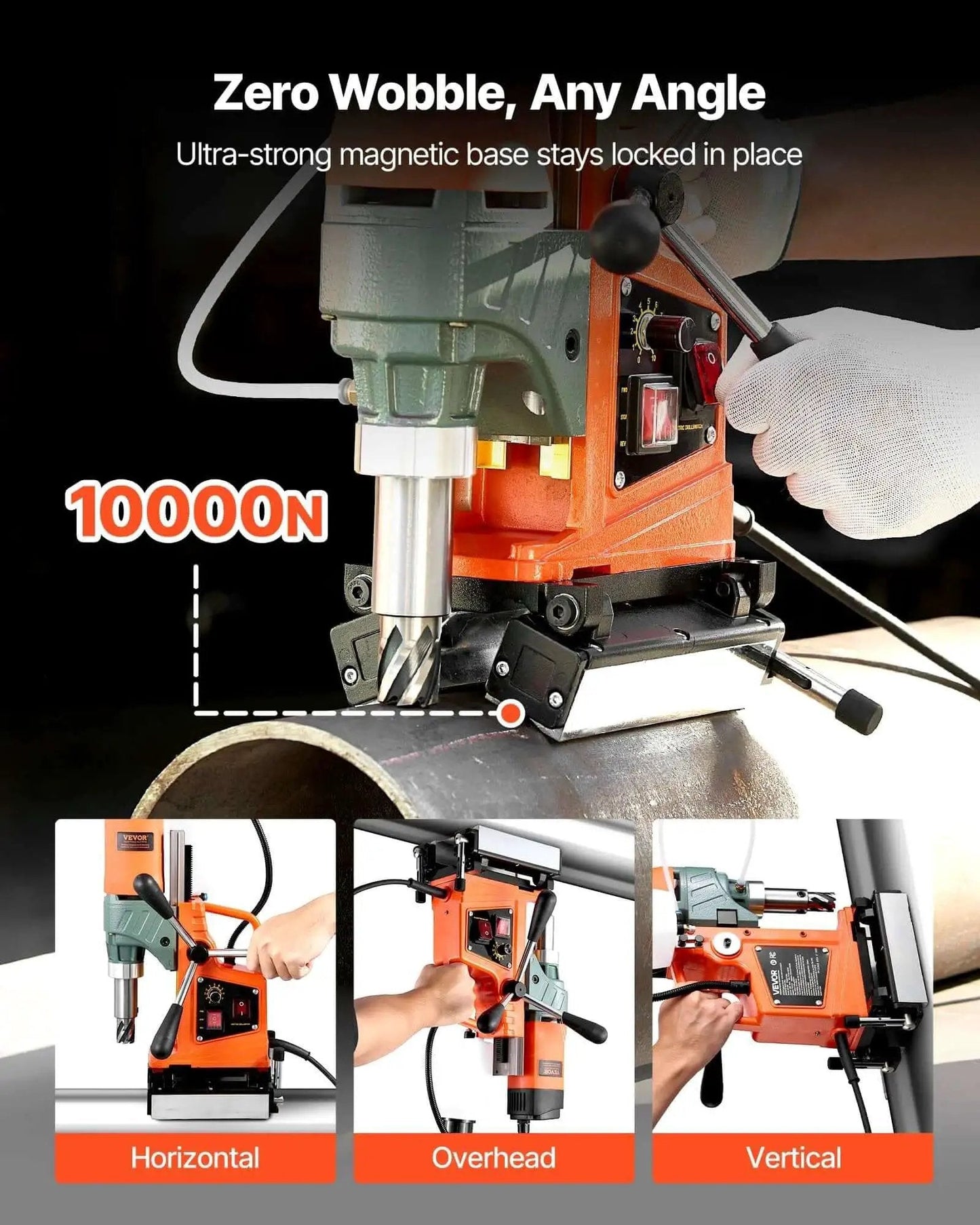 Magnetic Drill Press Workhorse With 1400W Power 2 Inch Boring Diameter 0 To 750 RPM Variable Speed Reversible Direction Includes 6 Core Bits Electric Mag Drill For Industrial And Home Improvement Projects demonstrating possible positions and use on metal pipe.