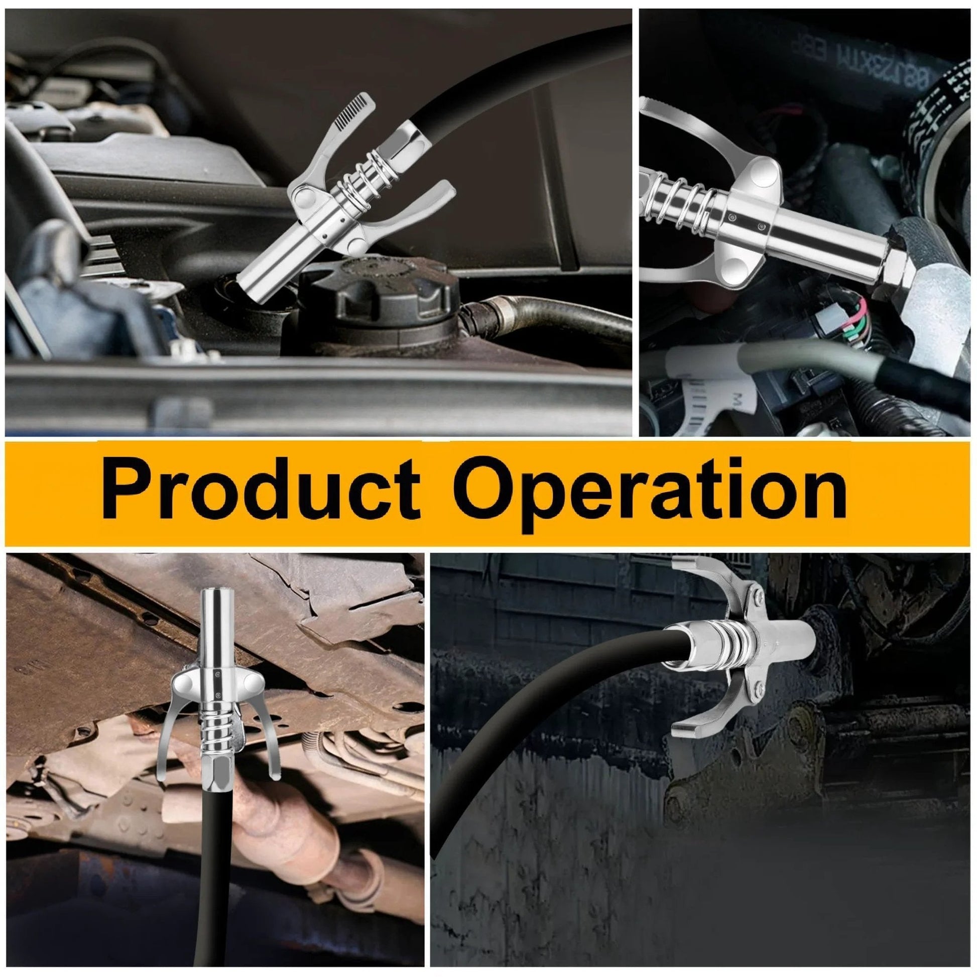Two Piece Leak Proof Grease Gun Coupler Set For Manual And Electric Guns, 12000 PSI High Pressure, Quick Connect Lock On Design, One Eighth Inch NPT Fit, Pro Grade Quality For Automotive Farm And Industrial Use in operation