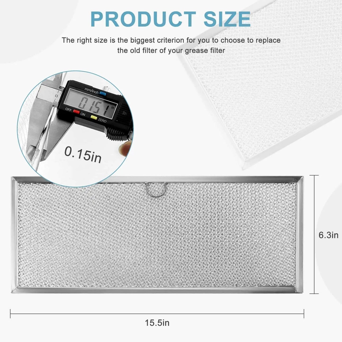 JennAir Downdraft Range Hood Grease Filter 71002111 Aluminum Mesh Replacement 2 Pack with size dimensions 15.5 x 6.3 inches and 0.15 inch thickness