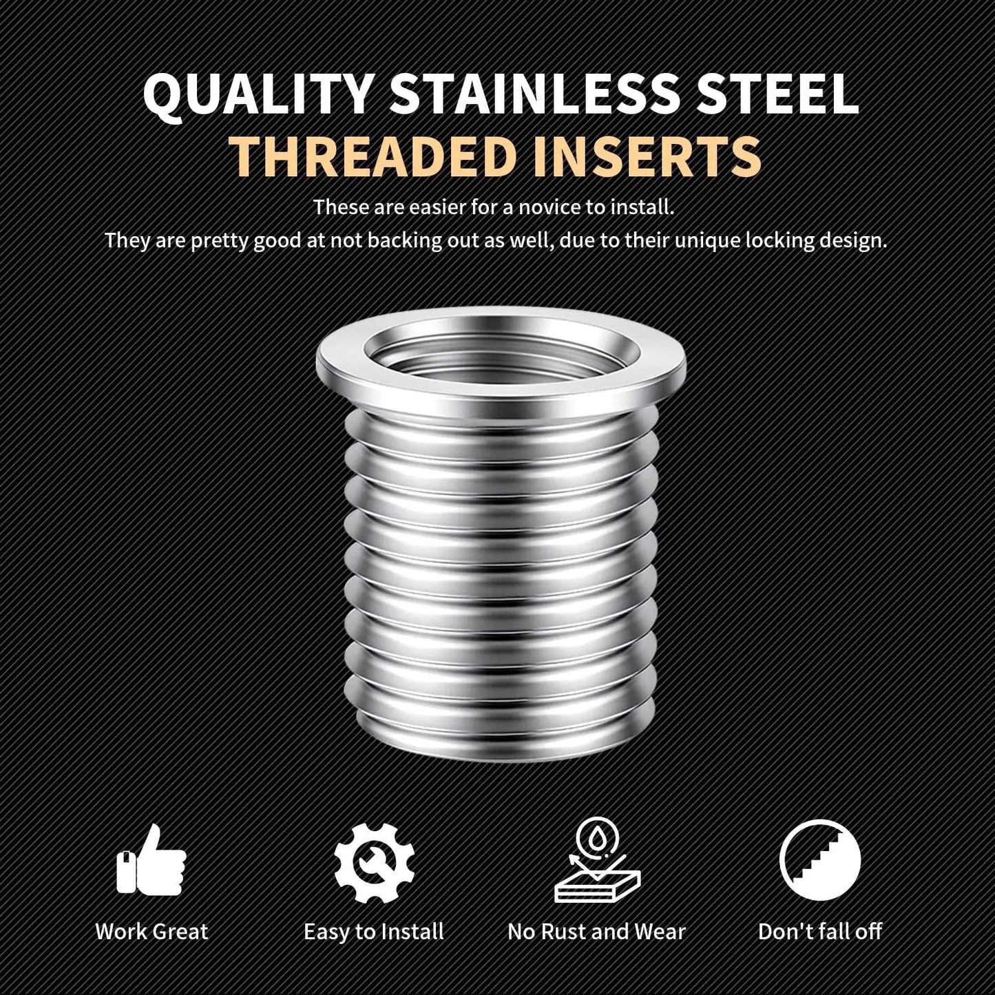 Pro Grade Stainless Steel M10x1.25 Thread Repair Kit With 14mm Inserts, threaded insert close-up, quality inserts
