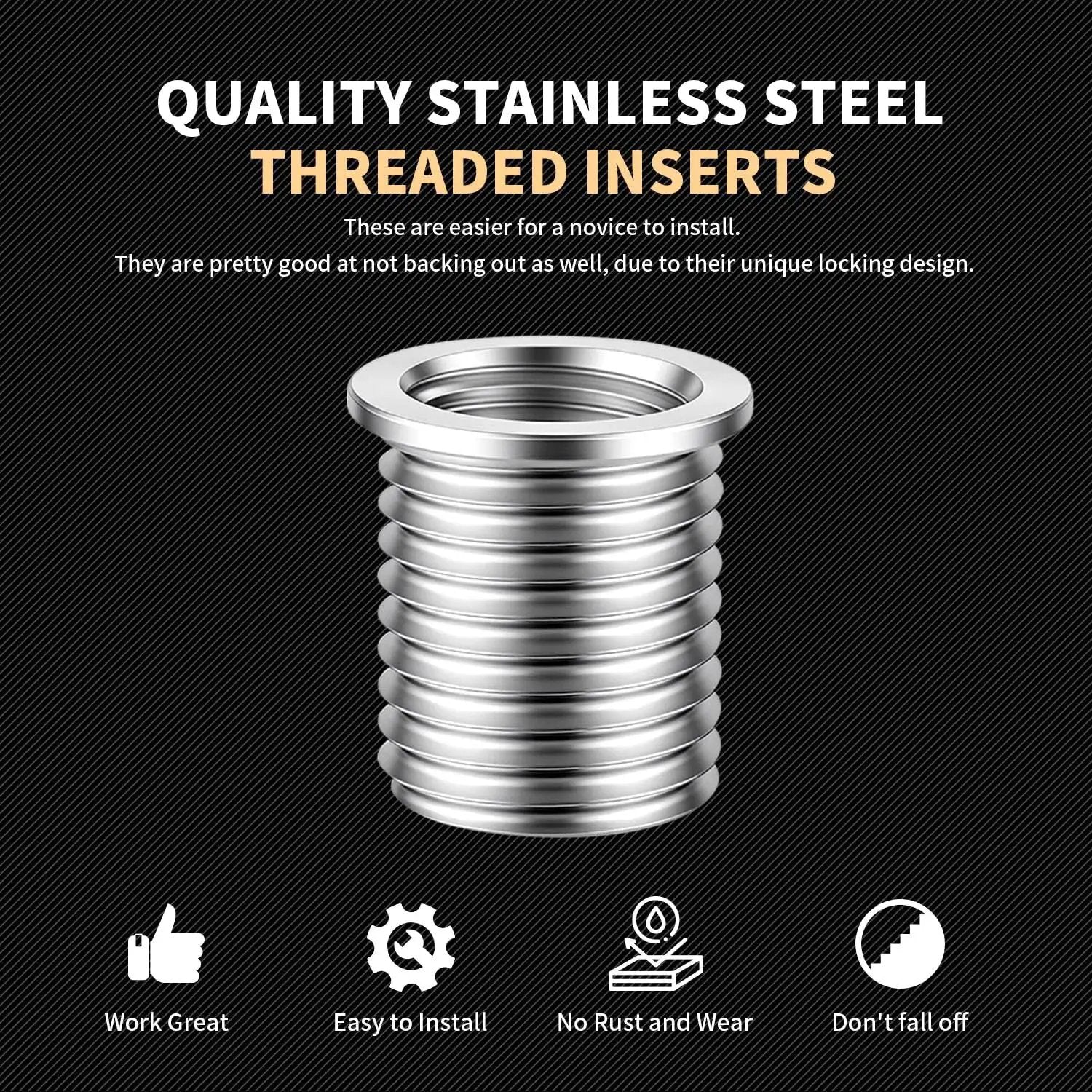 Pro Grade Stainless Steel M10x1.25 Thread Repair Kit With 14mm Inserts, threaded insert close-up, quality inserts
