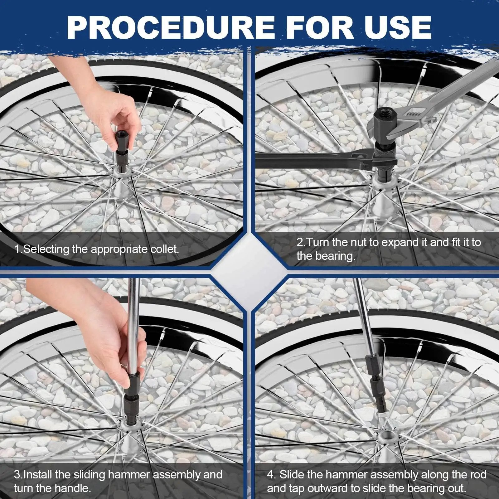 Blind Hole Bearing Puller Set With Slide Hammer And Expandable Collets 8 To 32 Millimeters showing usage process on bicycle wheel
