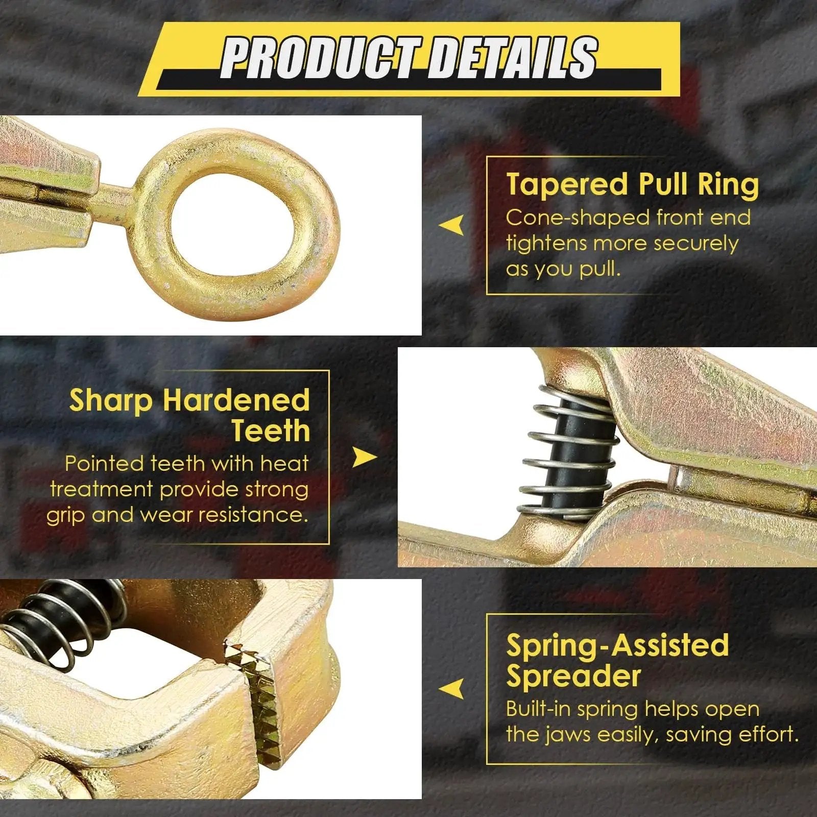 Product details of Beefy 5 Ton 2 Way Auto Body Repair Pull Clamp With Self Tightening Grips showing tapered pull ring and sharp teeth