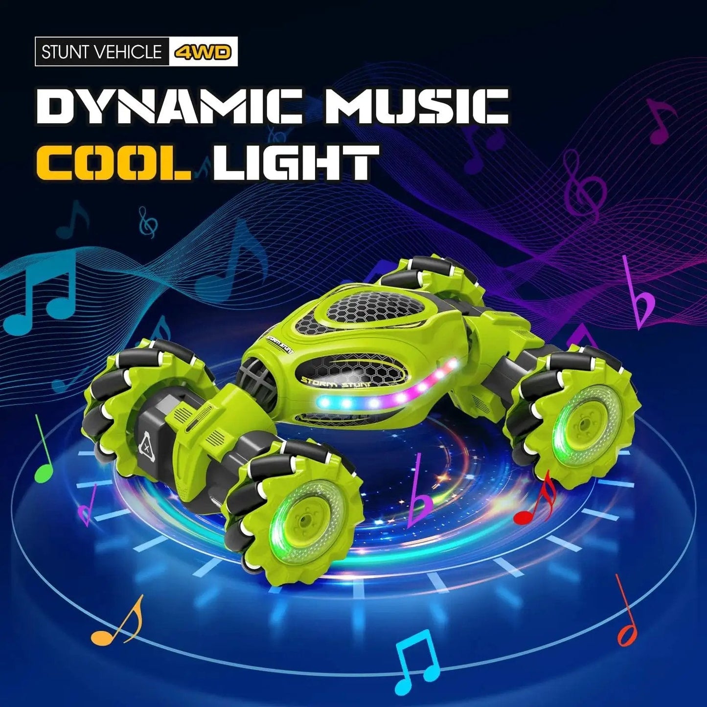 Bright green Gesture Sensing RC Stunt Car With Hand Wave Control And Remote Two Point Four Gigahertz 4WD Drift Car with lights and music