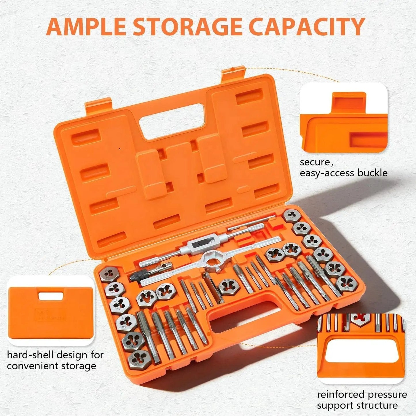 40 Piece Metric Tap And Die Set With Coarse And Fine Threads M3 Through M12 Includes Handles Accessories And Case in orange case