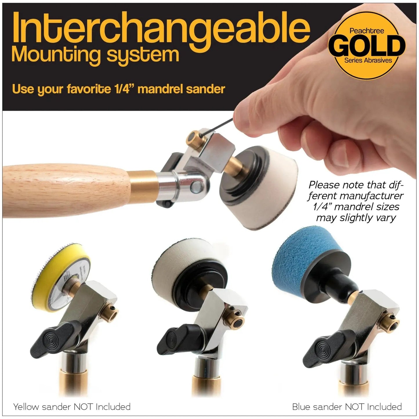 Woodturning Bowl Sander Kit with Dual Bearing Head and Hardwood Handle featuring interchangeable mandrel system