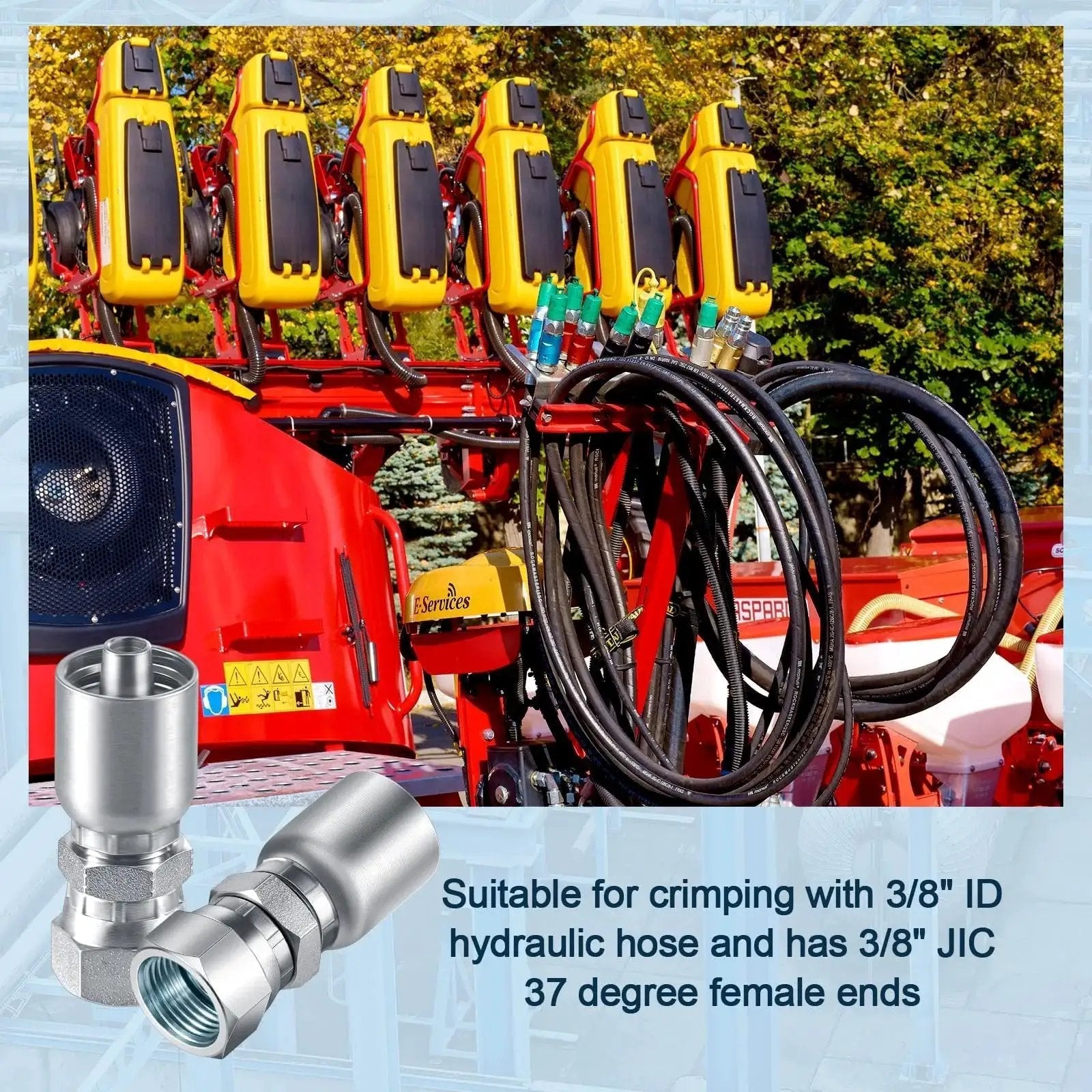 Image showing 12 Piece Hydraulic Hose Fittings Set Three Eighths Inch To Three Eighths Inch JIC 37 Degree Female Swivel Crimp End Fittings overlaid on red machinery with hoses.