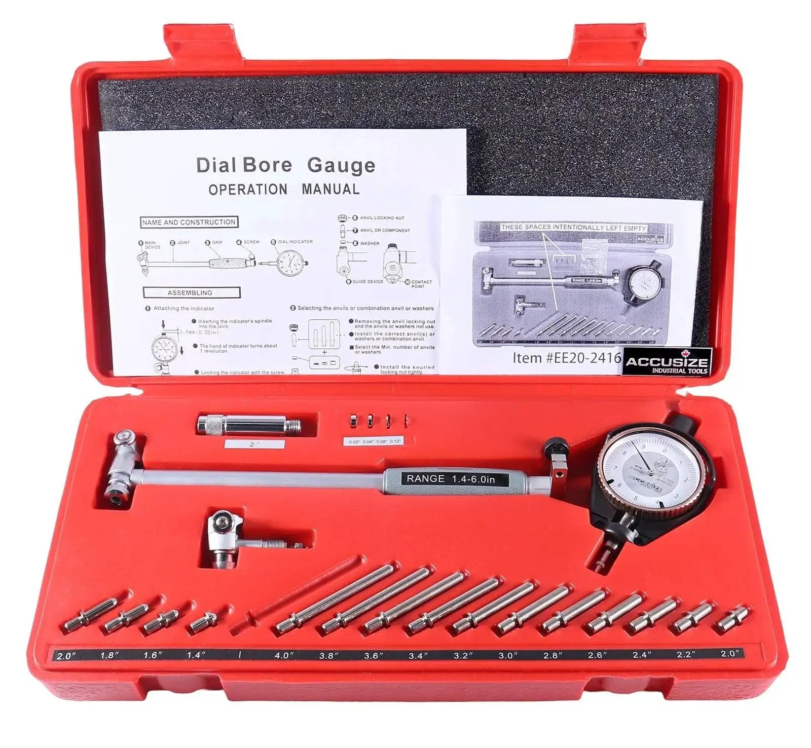 Dial Bore Gauge Set With 1.4 To 6 Inch Range And 0.0001 Inch Graduation, Carbide Tips For Long Wear, Bezel Lock, Chrome Handle in case