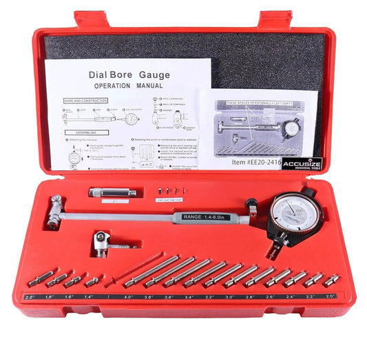 Dial Bore Gauge Set With 1.4 To 6 Inch Range And 0.0001 Inch Graduation, Carbide Tips For Long Wear, Bezel Lock, Chrome Handle in case