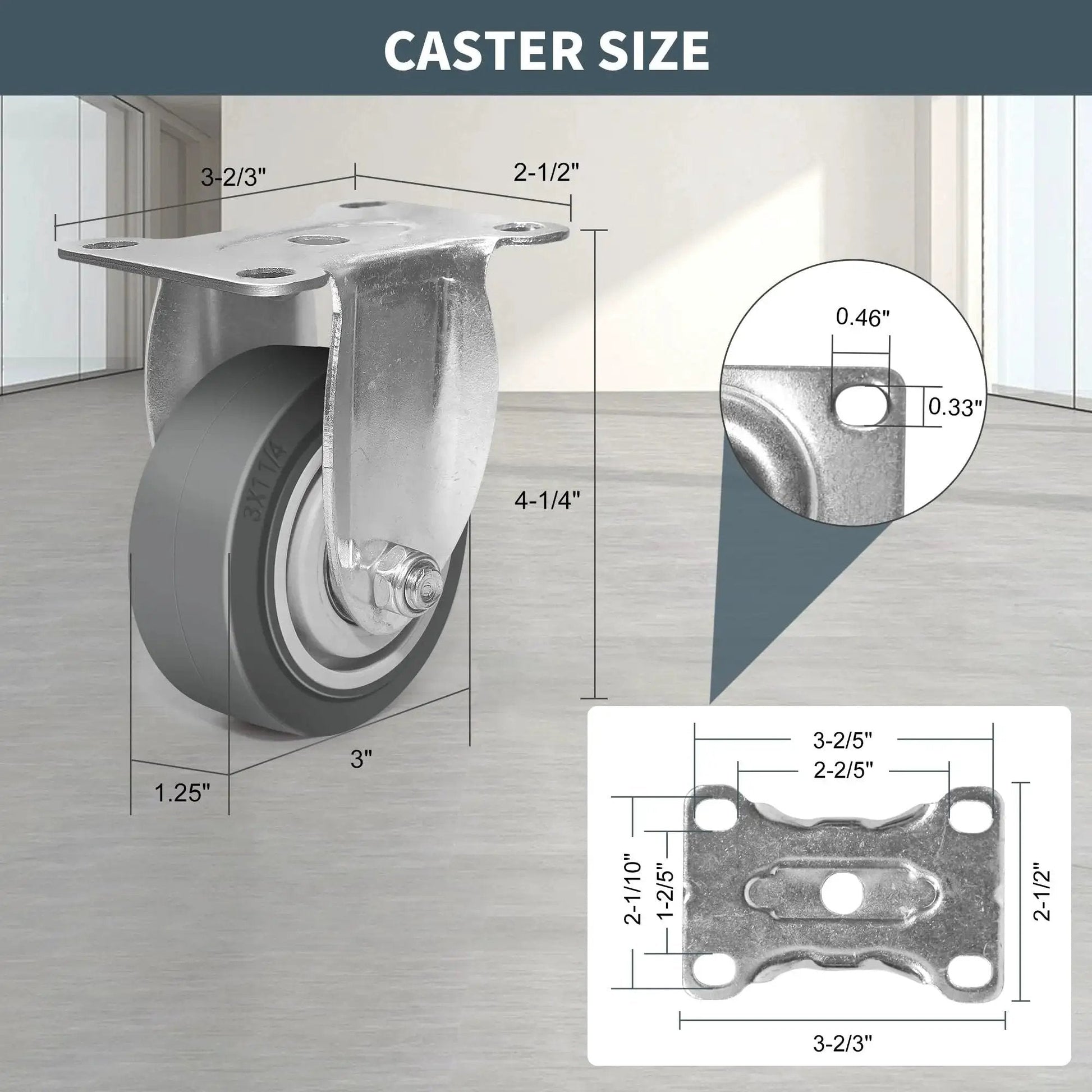Dimensions of Heavy Duty 3 Inch Caster Wheels Set Of 4 With Brakes Swivel and Rigid Non Marking Rubber Quiet Casters by ZDNEY