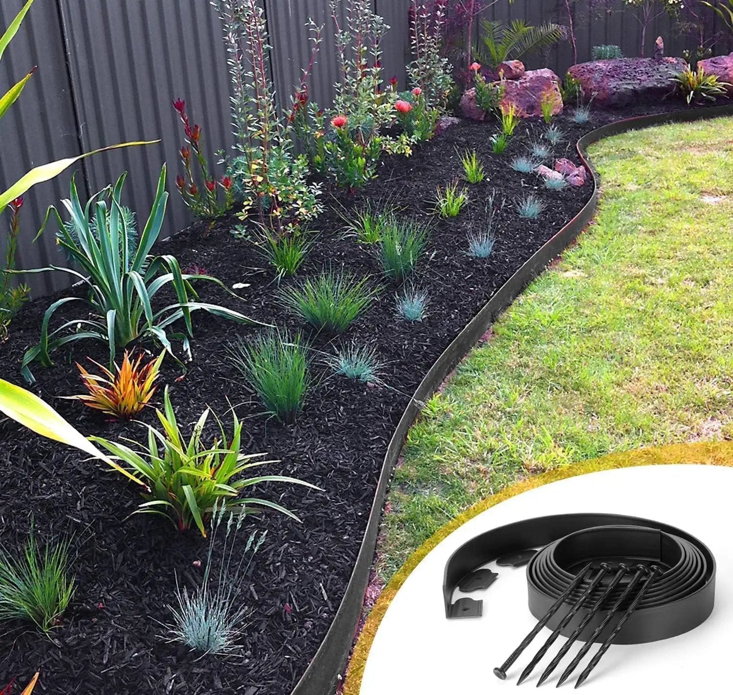 Garden with USA Made 50 Pack 8 Inch Plastic Landscape Edging Anchoring Stakes, Spiral Spikes for lawn border.
