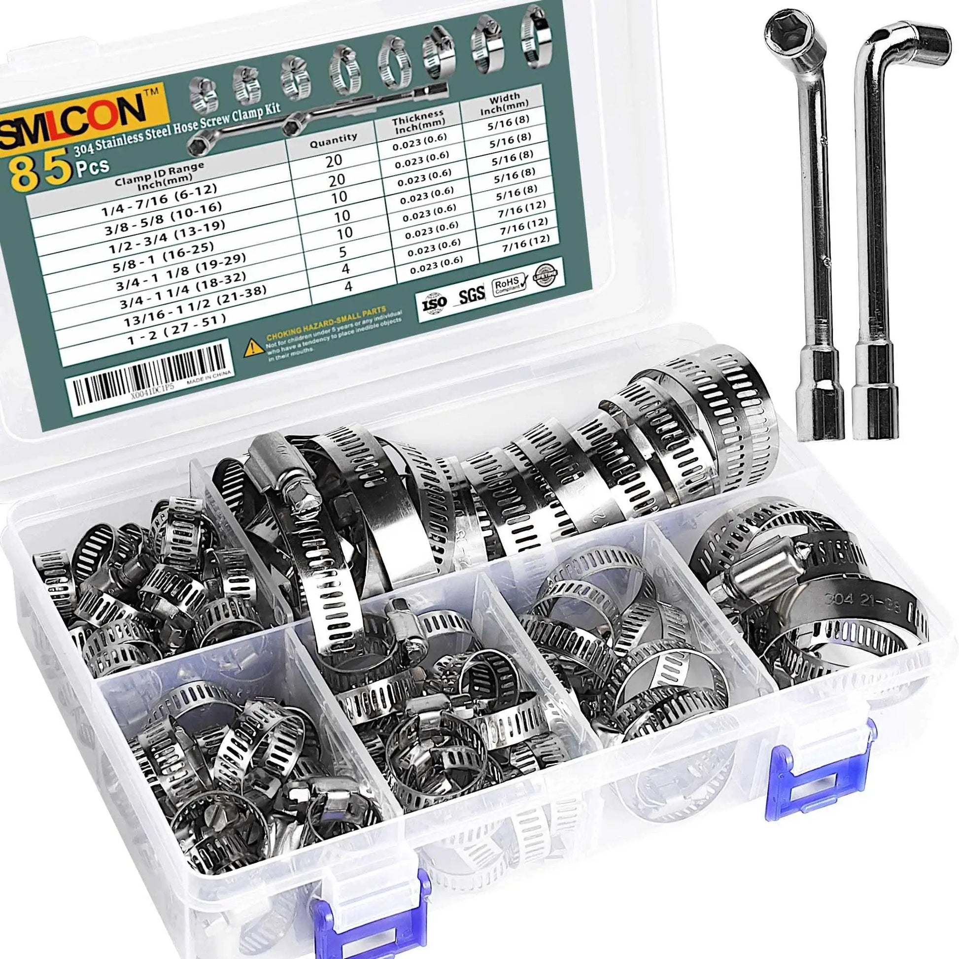Premium SMLCON 85Pcs 304 Stainless Steel Hose Clamps Set with adjustable range and two socket wrenches in clear case.