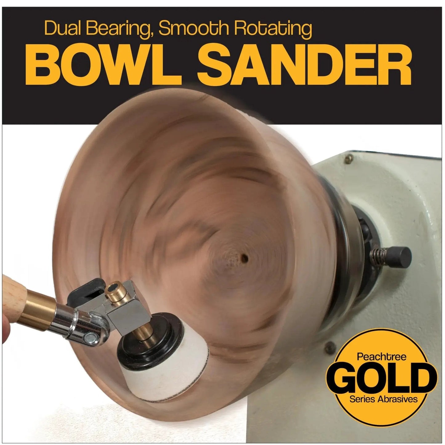 Woodturning Bowl Sander Kit With Dual Bearing Head and Hardwood Handle shown sanding inside a bowl on a lathe.