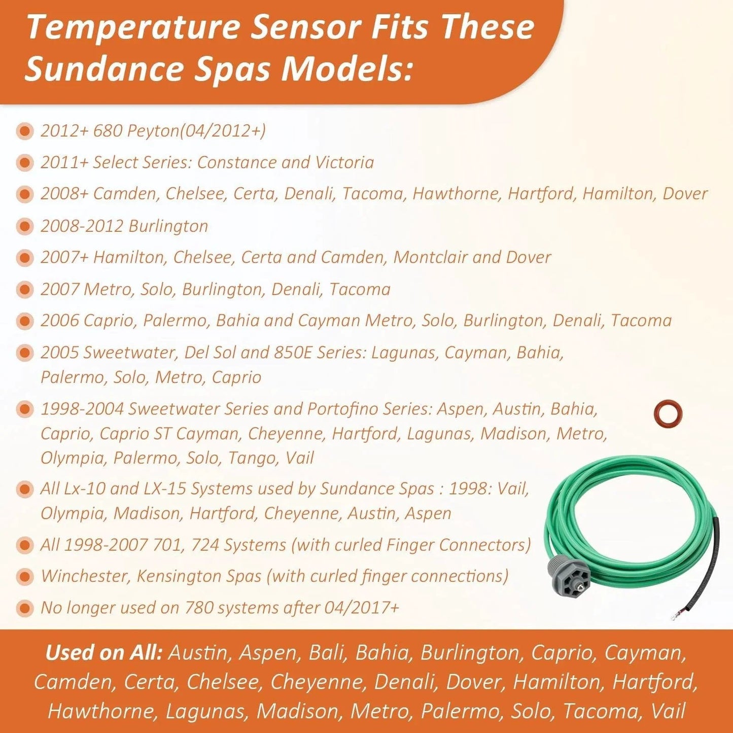 Upgrade 6600-166 Temperature Sensor For Sundance Spas And Jacuzzi Hot Tubs J300 To J365 And More Series With Curled Finger Connectors And 6540 228 O Ring Green Replacement Part For Your Spa Temperature Control chart and sensor overview